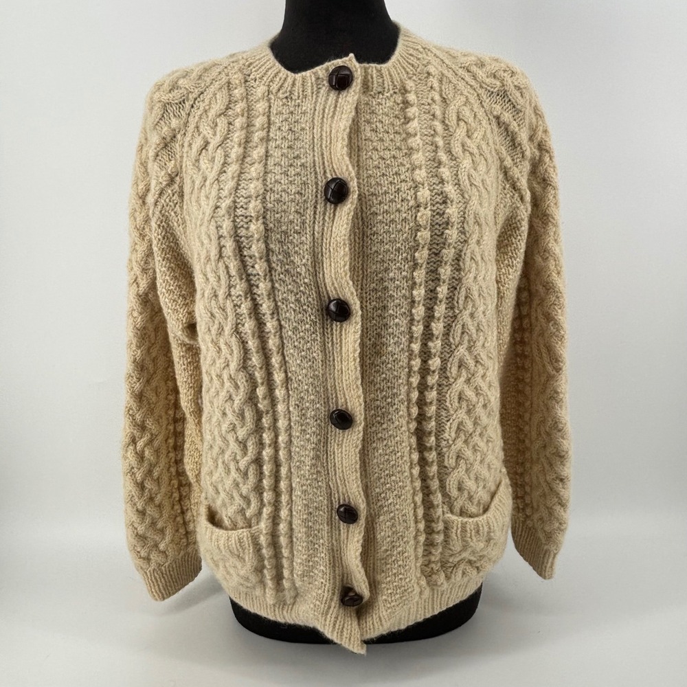 Handmade Cable Knit Cardigan Cream Wool Fisherman Sweater Leather Buttons